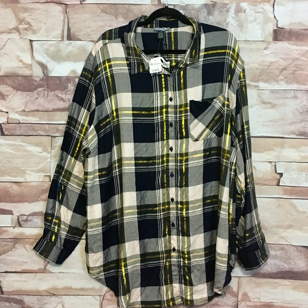 NWT Bella Tweed 3X Navy Blue Gold Plaid tab sleeve
